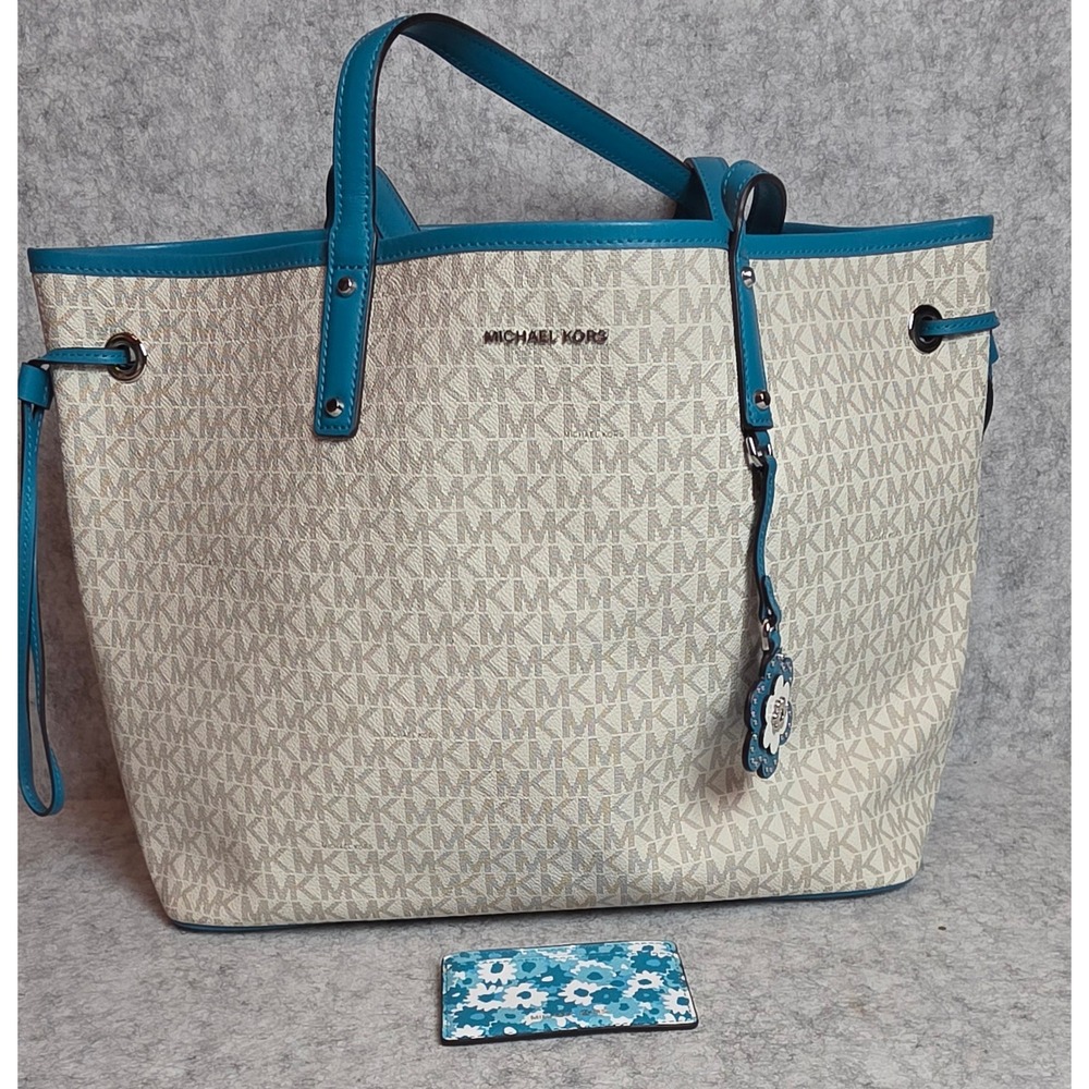 Michael Kors MK Signature Tote Bag Teal Floral Interior Cream Grey Charm